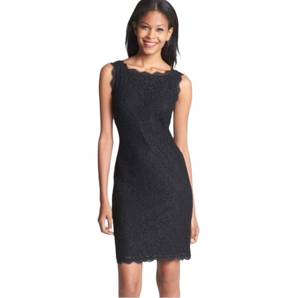 ADRIANNA PAPELL Black Lace Scalloped Hem Boatneck Sheath Back Double Zip Dress - Picture 1 of 9